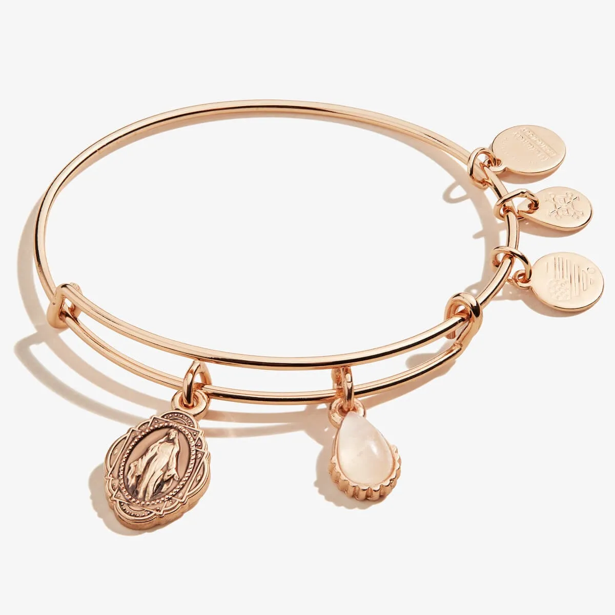 Rose Quartz Gemstone + Mother Mary Duo Charm Bangle sold by Alex and Ani