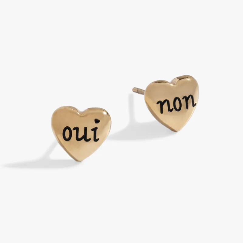 Engraved French 'Oui' & 'Non' Heart Stud Earrings sold by Alex and Ani