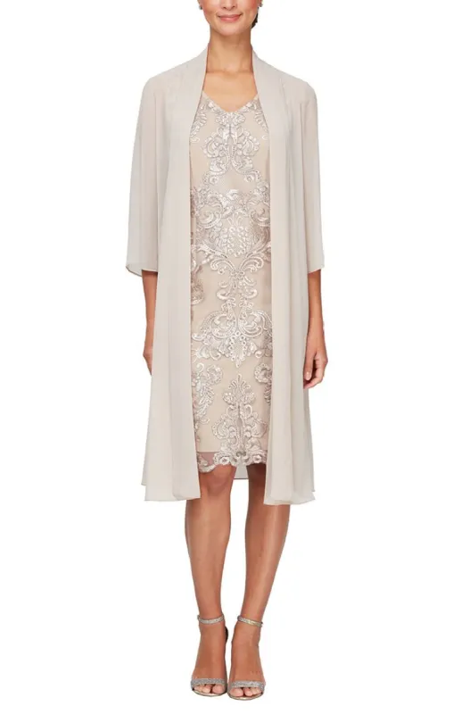 Regular - V-Neck Sheath Dress with Elongated Chiffon Jacket sold by Alex Evenings