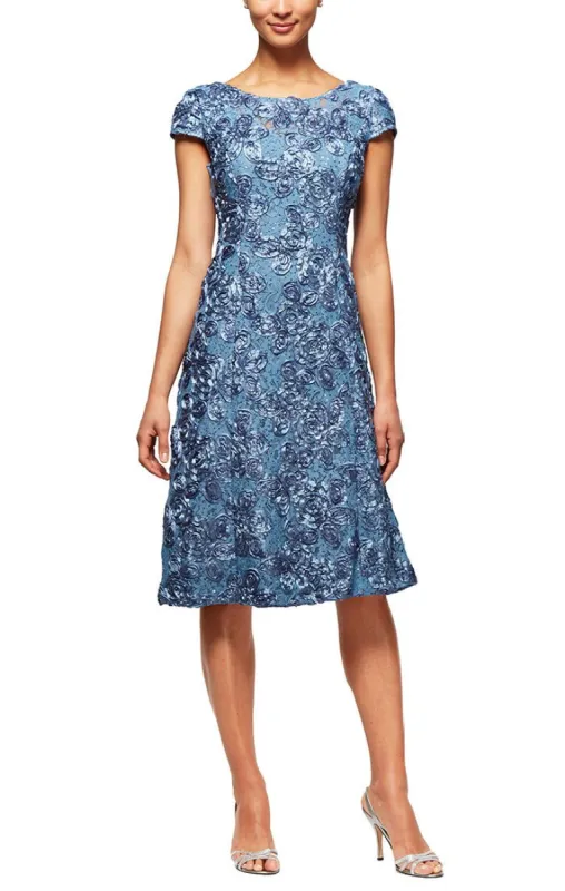 Petite - Midi Cocktail Dress in Rosette Lace with Cap Sleeves sold by Alex Evenings