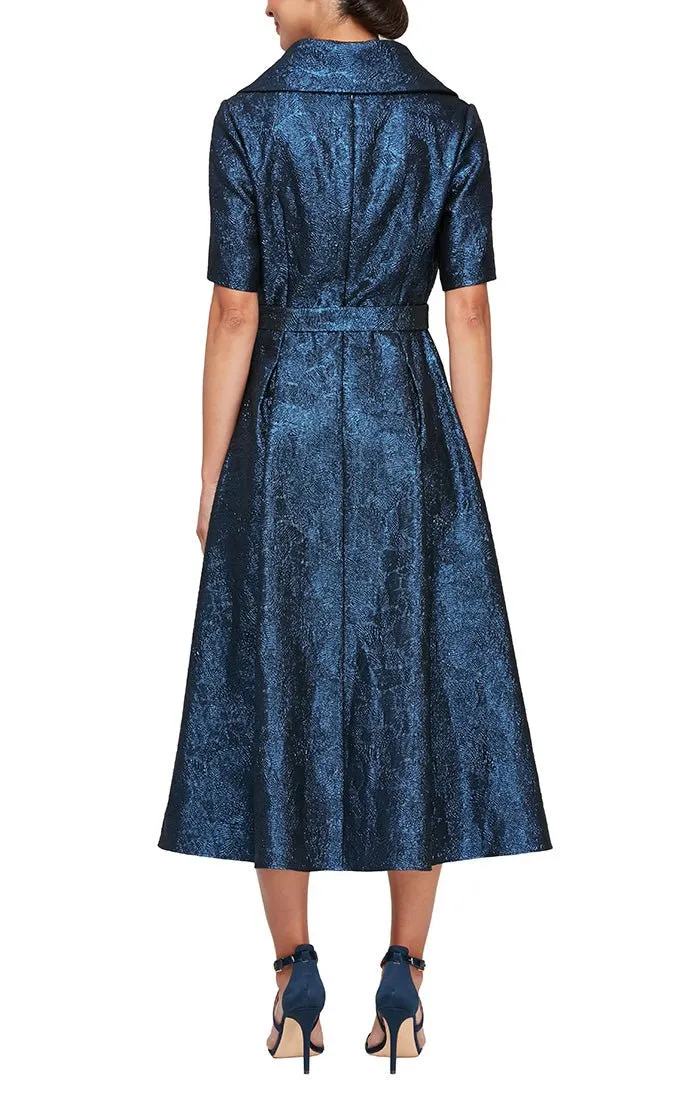 Short Portrait Collar Stretch Jacquard Party Dress with Elbow Sleeves & Tie Waist sold by Alex Evenings product image thumbnail 2