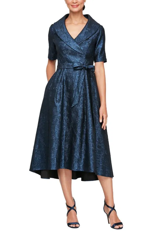 Short Portrait Collar Stretch Jacquard Party Dress with Elbow Sleeves & Tie Waist sold by Alex Evenings