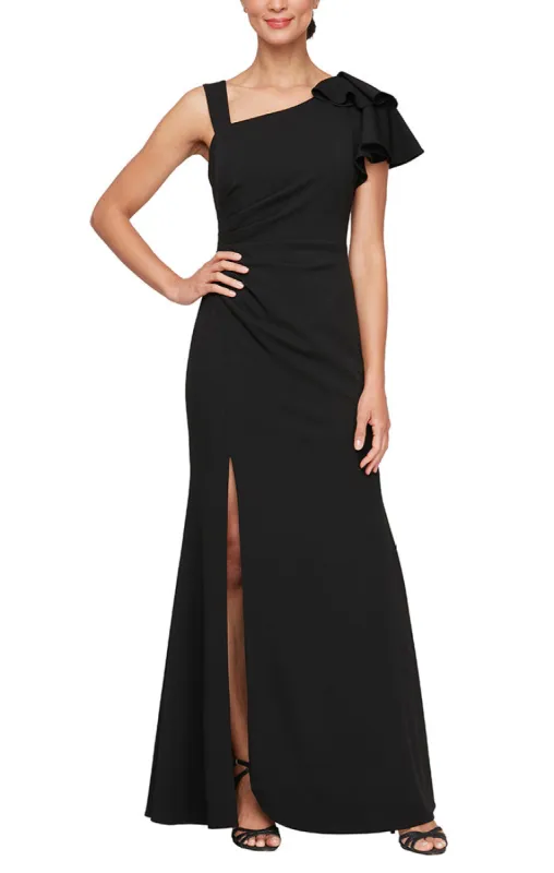 *Long Fit and Flare Crepe Dress with L-Neckline, Ruffle Shoulder Detail and Front Slit sold by Alex Evenings