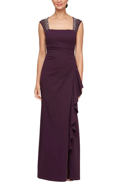 Long Sleeveless Square Neck Crepe Dress with Heatset Illusion Neckline & Cascade Ruffle Skirt sold by Alex Evenings