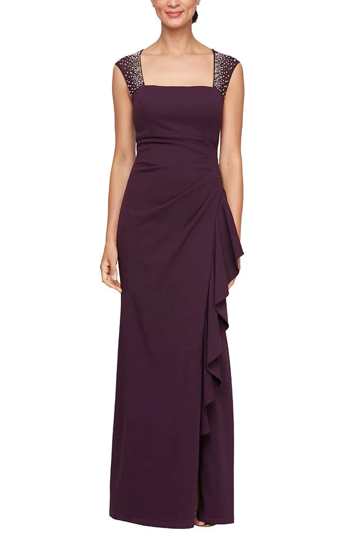 Long Sleeveless Square Neck Crepe Dress with Heatset Illusion Neckline & Cascade Ruffle Skirt sold by Alex Evenings
