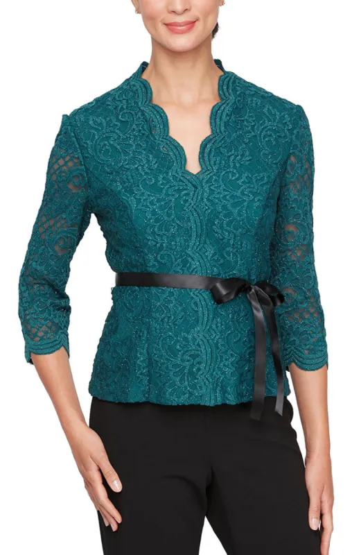 Petite - Lace Blouse with Center Front Scallop Detail, Illusion Sleeves and Tie Belt sold by Alex Evenings