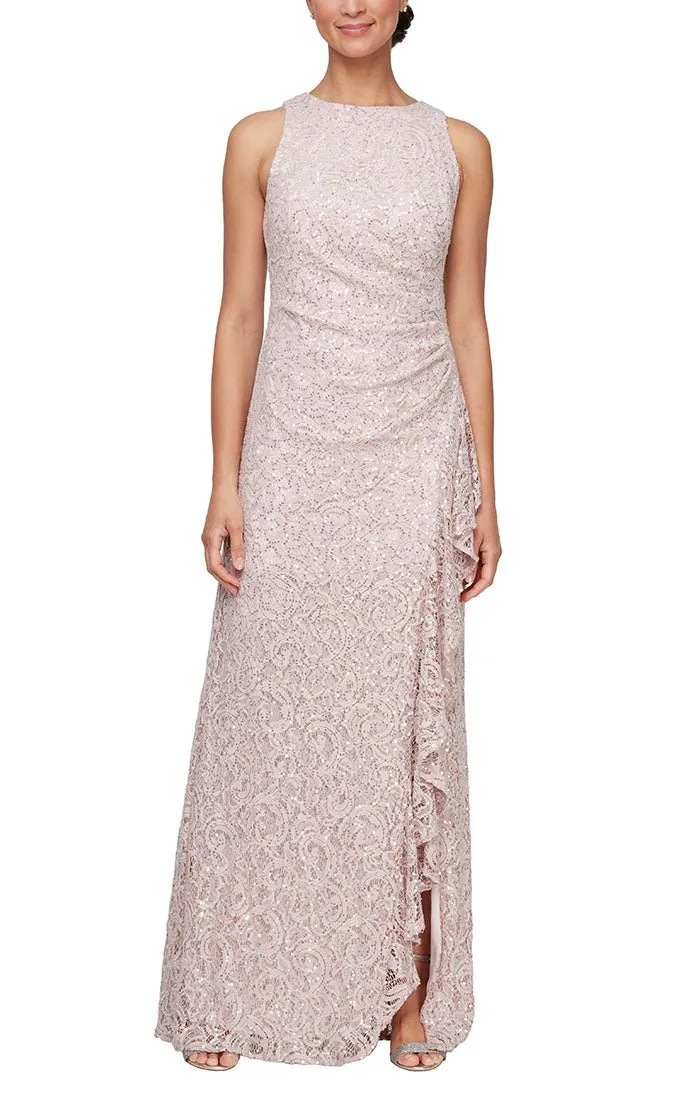Long Sleeveless Lace Dress with Cascade Ruffle Front Slit Detail sold by Alex Evenings