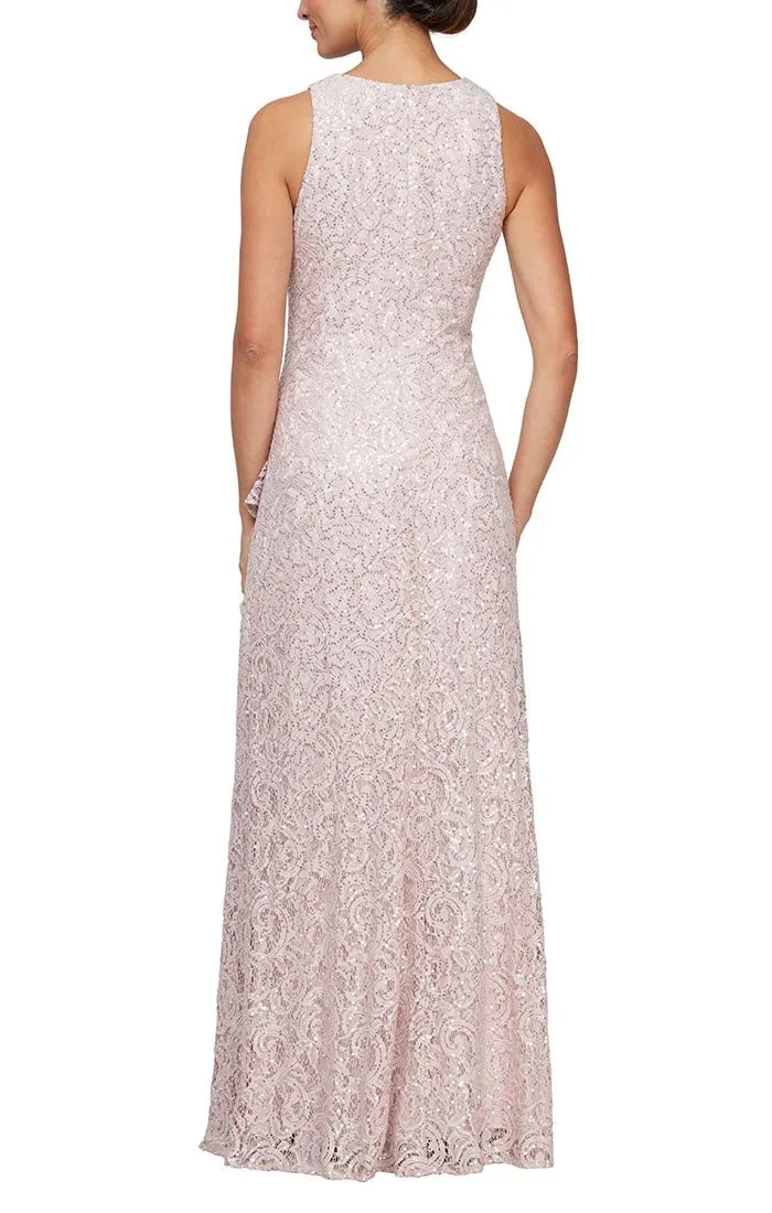 Long Sleeveless Lace Dress with Cascade Ruffle Front Slit Detail sold by Alex Evenings product image thumbnail 2