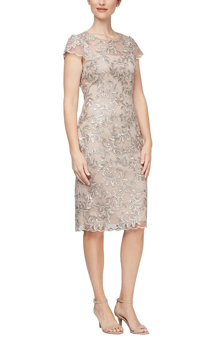 Embroidered Sheath Dress with Illusion Neckline and Cap Sleeves sold by Alex Evenings