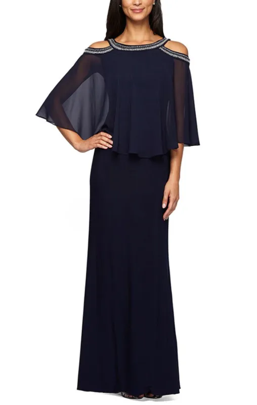 Cold Shoulder Popover Jersey & Chiffon Gown with Beaded Neckline sold by Alex Evenings
