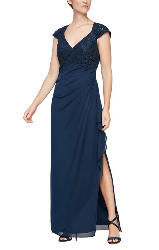 Cap Sleeve Empire Waist Dress with Corded Lace Bodice Detail & Cascade Mesh Skirt sold by Alex Evenings