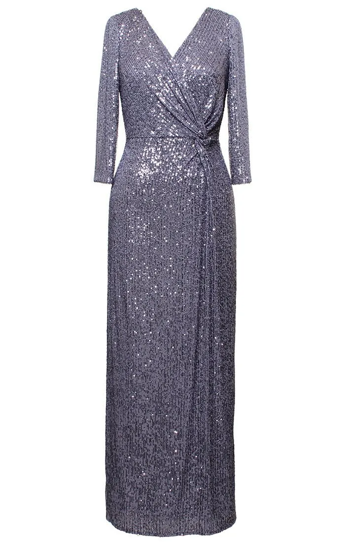 *Plus Long Column Sequin Gown with Surplice Neckline, 3/4 Sleeves and Knot Waist Detail sold by Alex Evenings