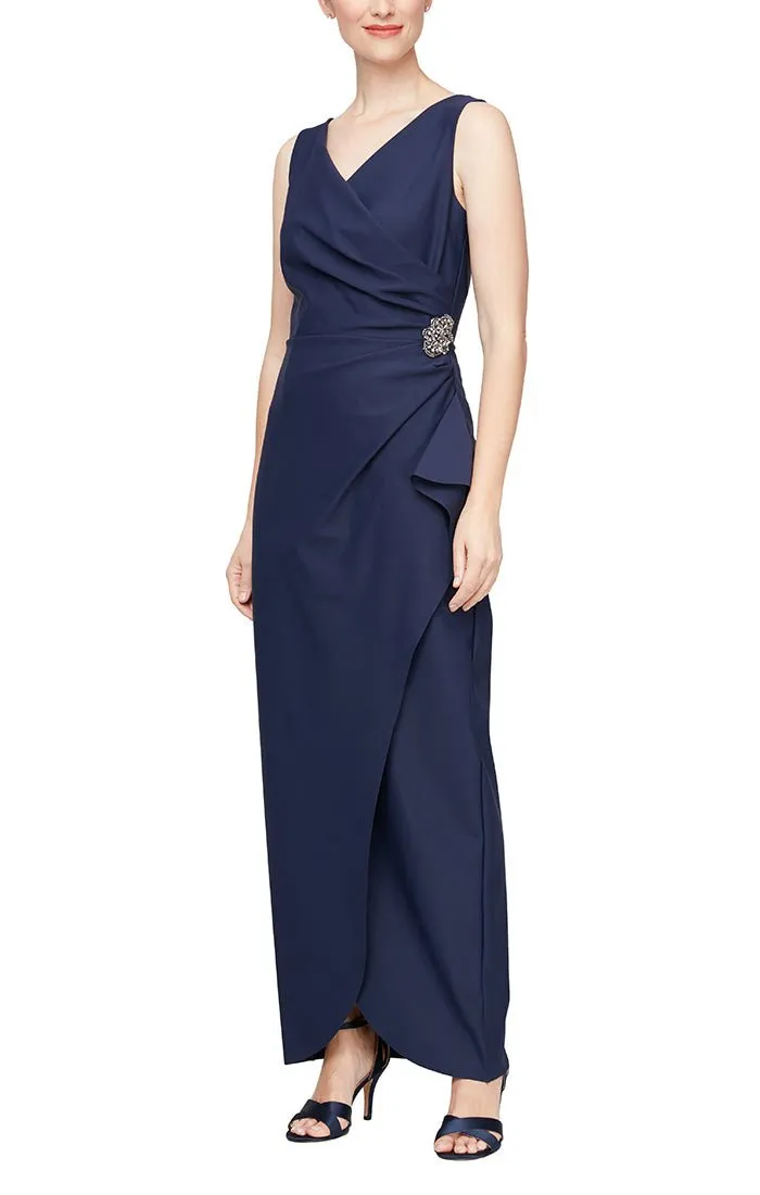 Long Sleeveless Compression Gown with Surplice Neckline & Beaded Hip Detail sold by Alex Evenings