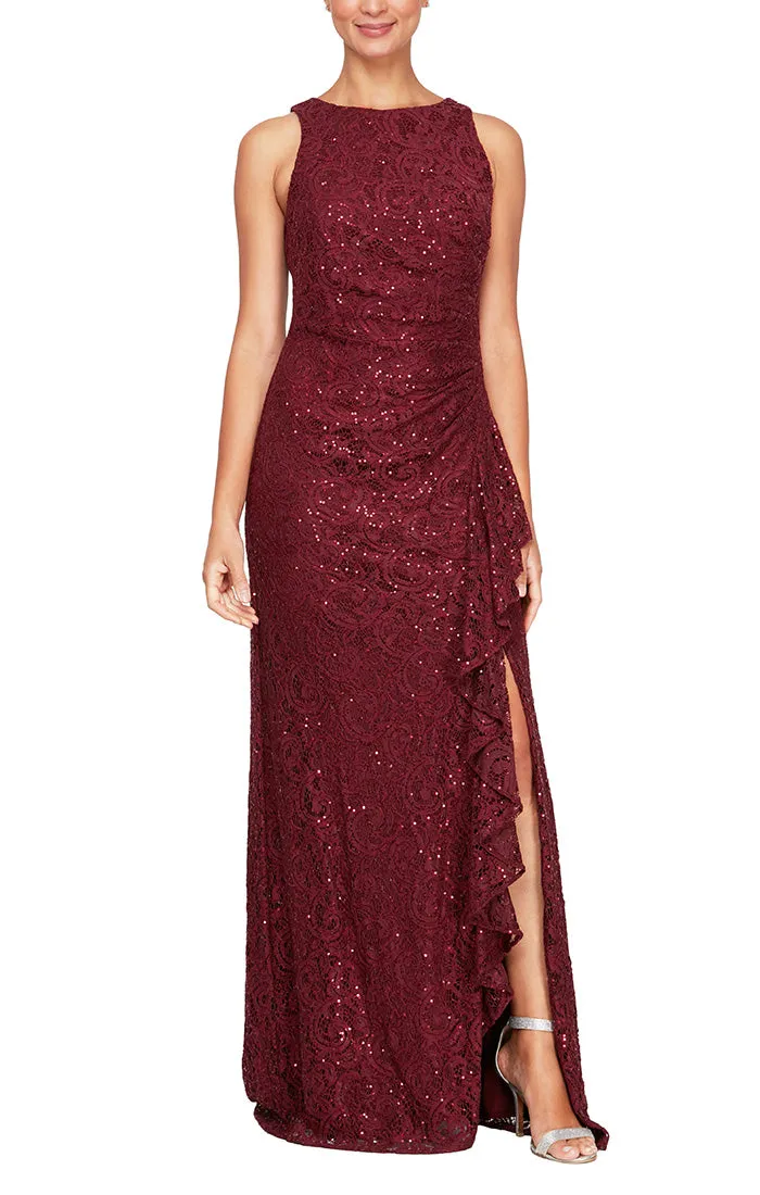 Petite Long Sleeveless Lace Dress with Cascade Ruffle Front Slit Detail sold by Alex Evenings