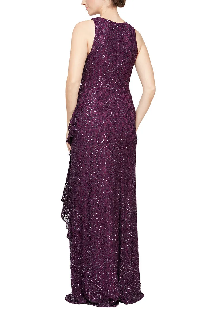 Petite Long Sleeveless Lace Dress with Cascade Ruffle Front Slit Detail sold by Alex Evenings product image thumbnail 4