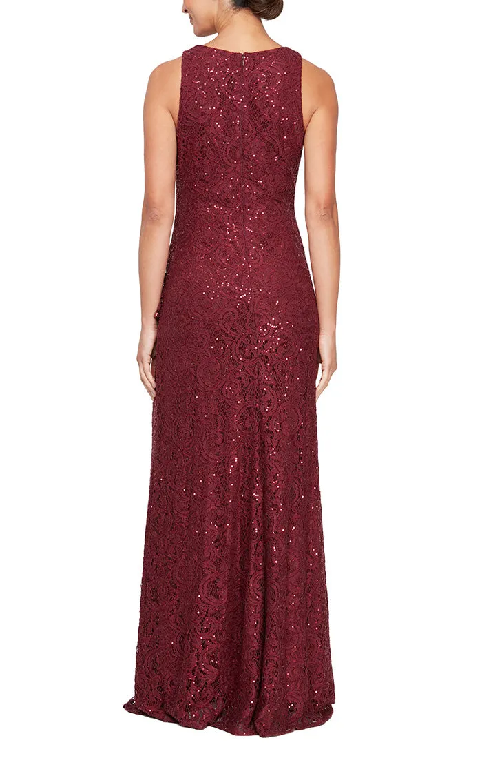 Petite Long Sleeveless Lace Dress with Cascade Ruffle Front Slit Detail sold by Alex Evenings product image thumbnail 2