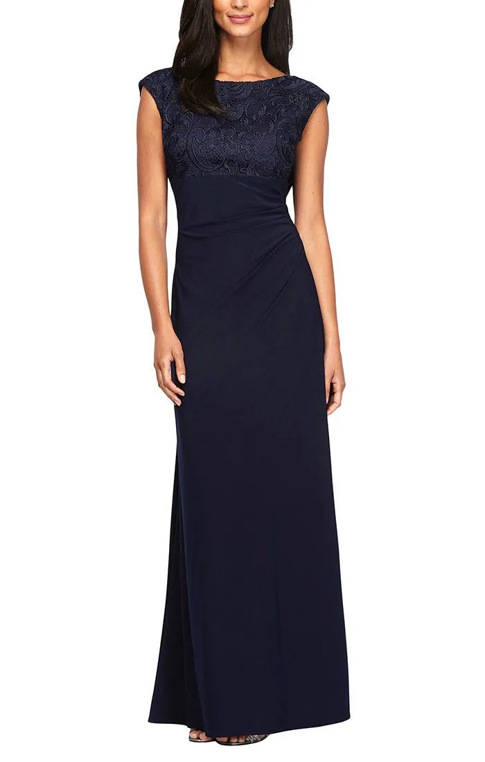 Long Empire Waist Lace and Jersey Gown with Side Ruched Skirt and Cowl Back Detail sold by Alex Evenings