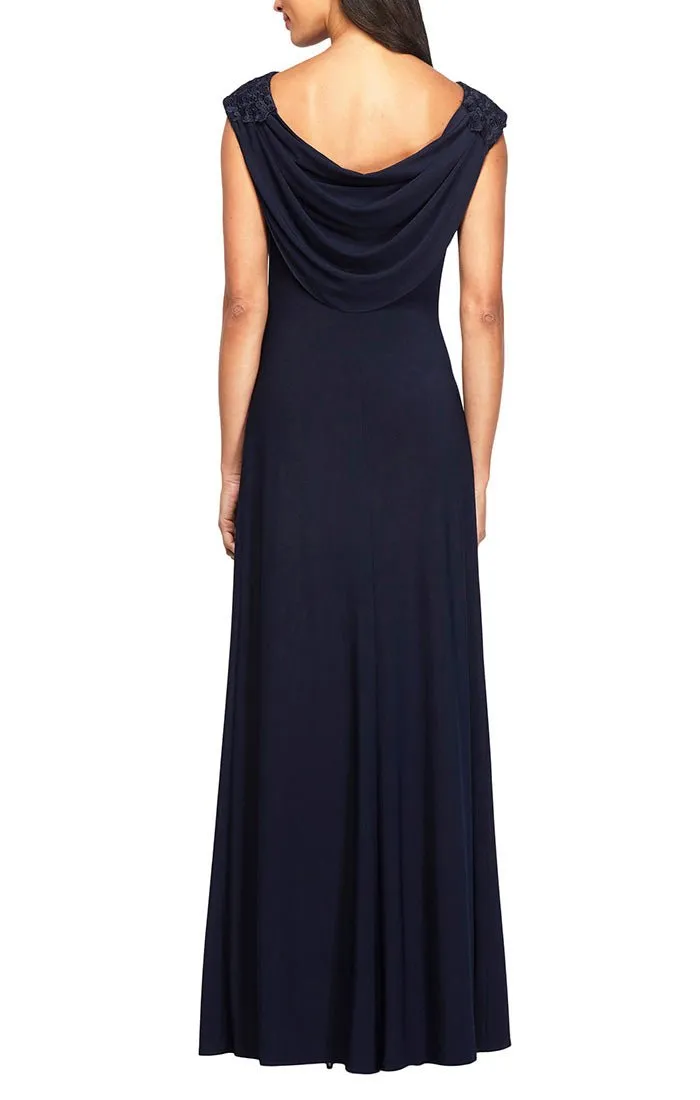 Long Empire Waist Lace and Jersey Gown with Side Ruched Skirt and Cowl Back Detail sold by Alex Evenings product image thumbnail 2