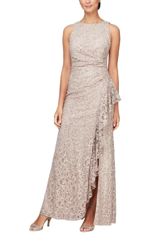 Long Sleeveless Sequin Lace Dress with Cascade Ruffle Front Slit Detail sold by Alex Evenings