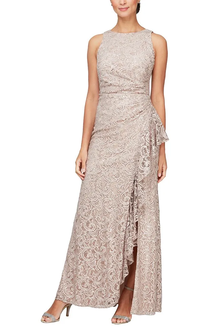 Long Sleeveless Sequin Lace Dress with Cascade Ruffle Front Slit Detail sold by Alex Evenings