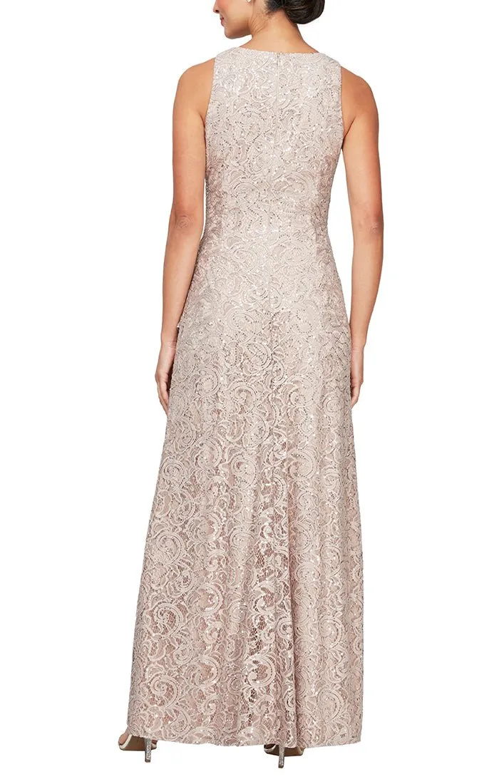 Long Sleeveless Sequin Lace Dress with Cascade Ruffle Front Slit Detail sold by Alex Evenings product image thumbnail 2