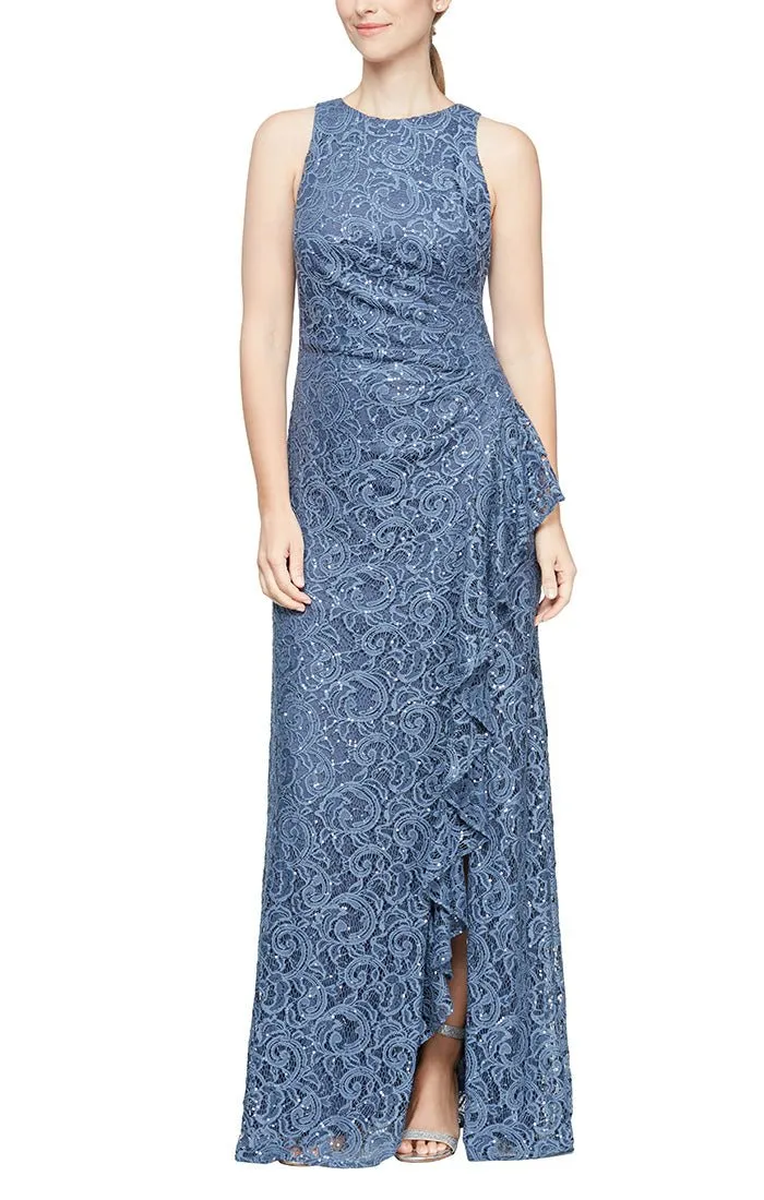 Long Sleeveless Sequin Lace Dress with Cascade Ruffle Front Slit Detail sold by Alex Evenings product image thumbnail 3