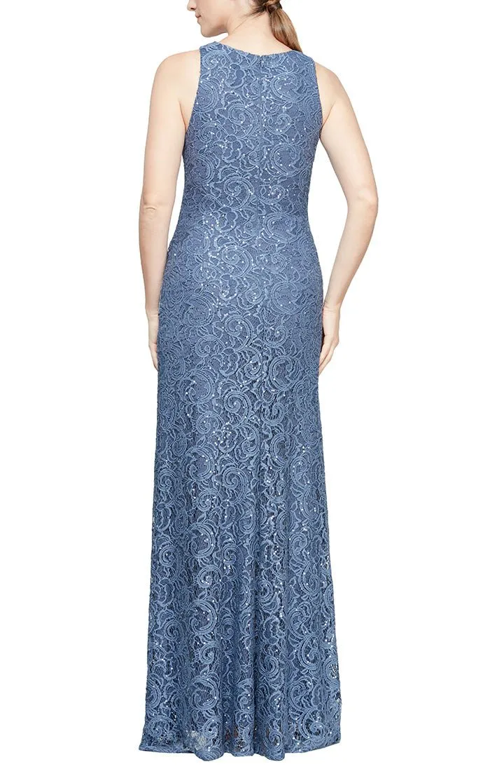 Long Sleeveless Sequin Lace Dress with Cascade Ruffle Front Slit Detail sold by Alex Evenings product image thumbnail 4