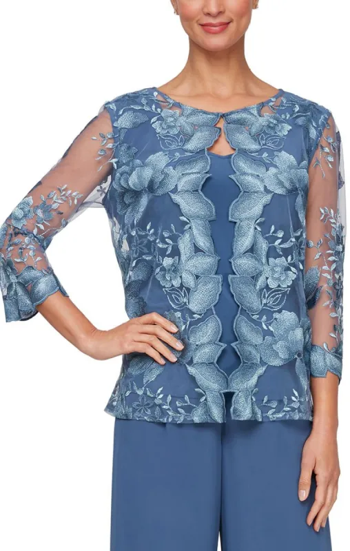 Regular - 3/4 Sleeve Embroidered Mock Twinset with Hook Neck Closure and Scoop Neck Solid Tank sold by Alex Evenings