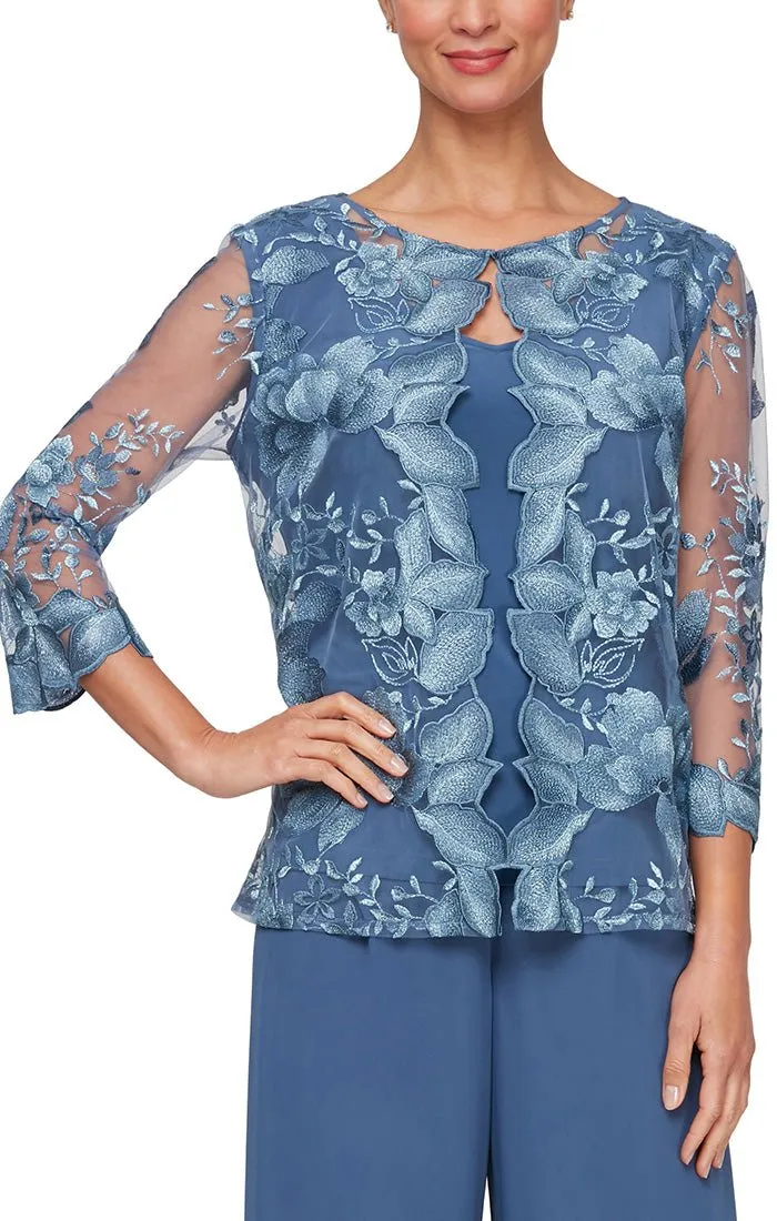 Regular - 3/4 Sleeve Embroidered Mock Twinset with Hook Neck Closure and Scoop Neck Solid Tank sold by Alex Evenings