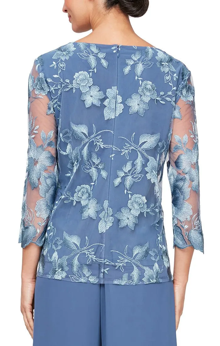 Regular - 3/4 Sleeve Embroidered Mock Twinset with Hook Neck Closure and Scoop Neck Solid Tank sold by Alex Evenings product image thumbnail 2