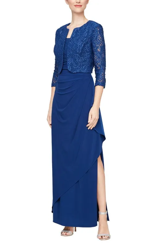 Petite Long Empire Waist Bolero Jacket Dress With Open Jacket, Scoop Neck Bodice and Cascade Detail Skirt sold by Alex Evenings