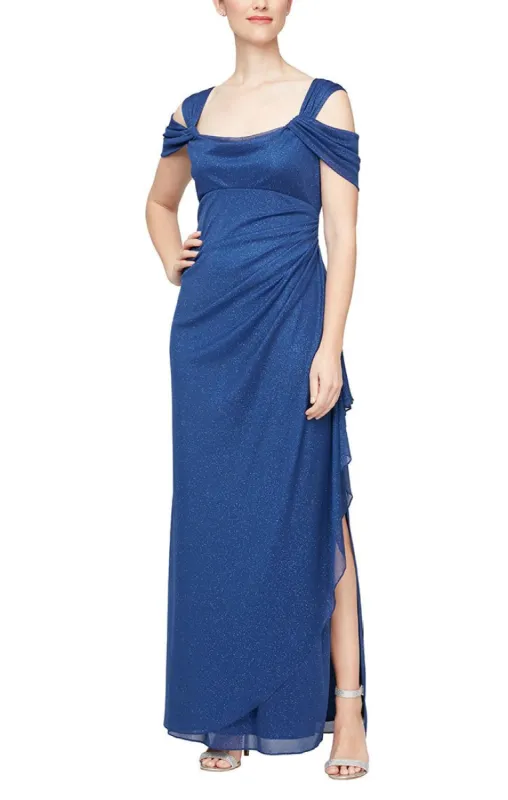 Cold Shoulder Glitter Mesh Dress with Draped Skirt & Cowl Neckline sold by Alex Evenings