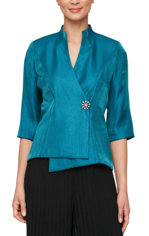 3/4 Sleeve Shimmer Satin Blouse with Asymmetric Overlay Hem and Embellished Closure sold by Alex Evenings