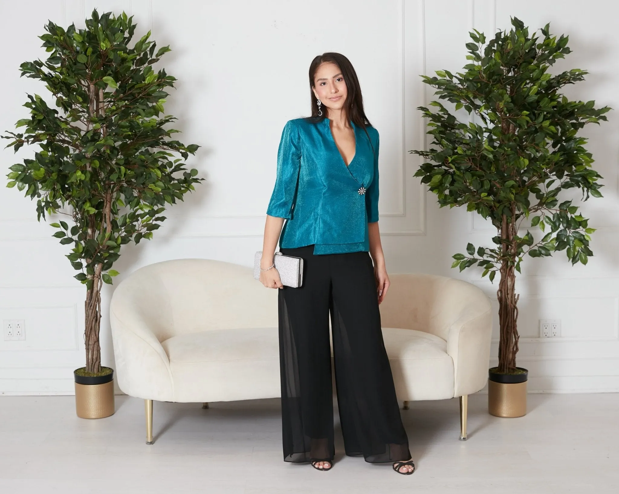 3/4 Sleeve Shimmer Satin Blouse with Asymmetric Overlay Hem and Embellished Closure sold by Alex Evenings product image thumbnail 5