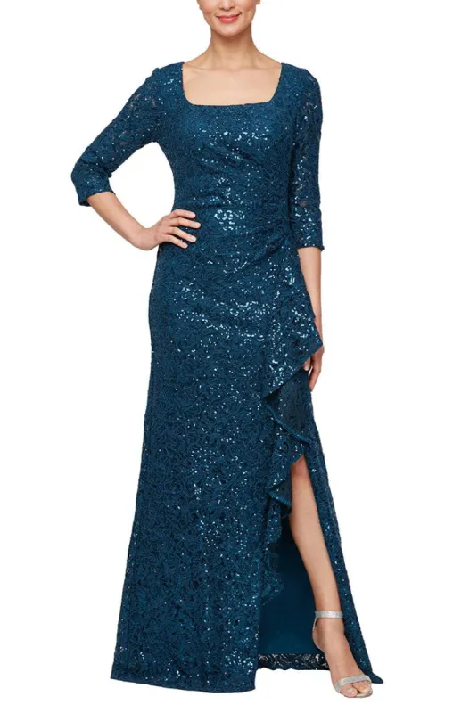 Regular - Square Neck Corded Sequin Lace Gown with Ruffled Slit Detail sold by Alex Evenings