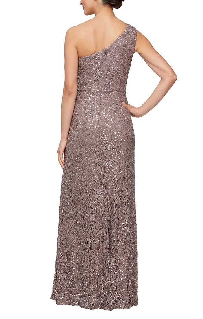 Regular - Long One Shoulder Lace Dress with Cascade Ruffle Detail sold by Alex Evenings product image thumbnail 2