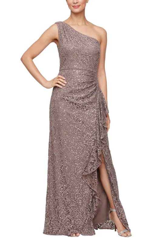 Long One Shoulder Lace Dress with Cascade Ruffle Detail sold by Alex Evenings