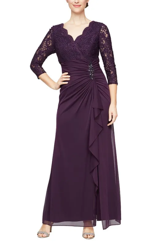 Empire Waist Lace & Mesh Dress with Surplice Neckline sold by Alex Evenings