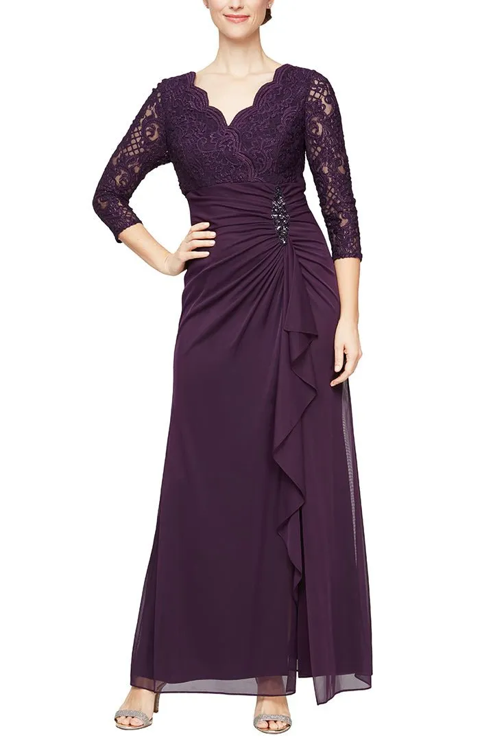 Empire Waist Lace & Mesh Dress with Surplice Neckline sold by Alex Evenings