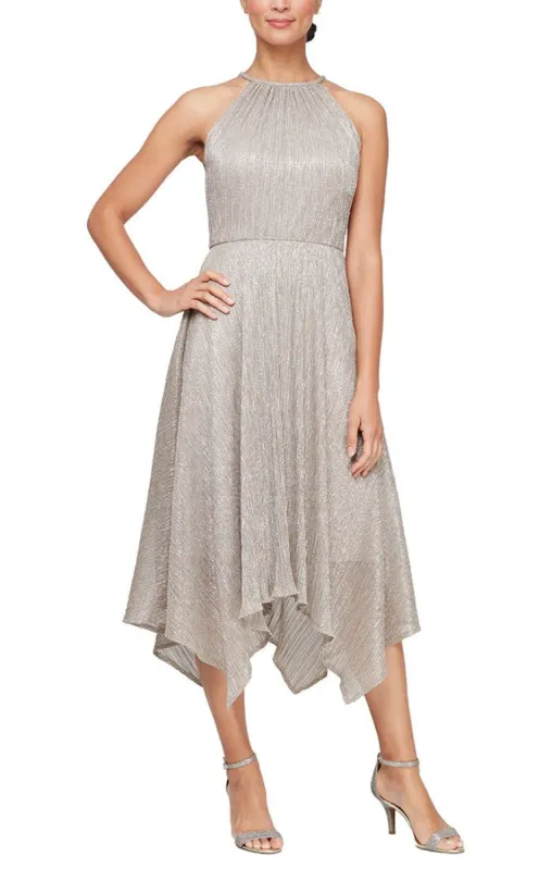 Regular - Halter Neck Metallic Knit Cocktail Dress with Hanky Hem made by Alex Evenings