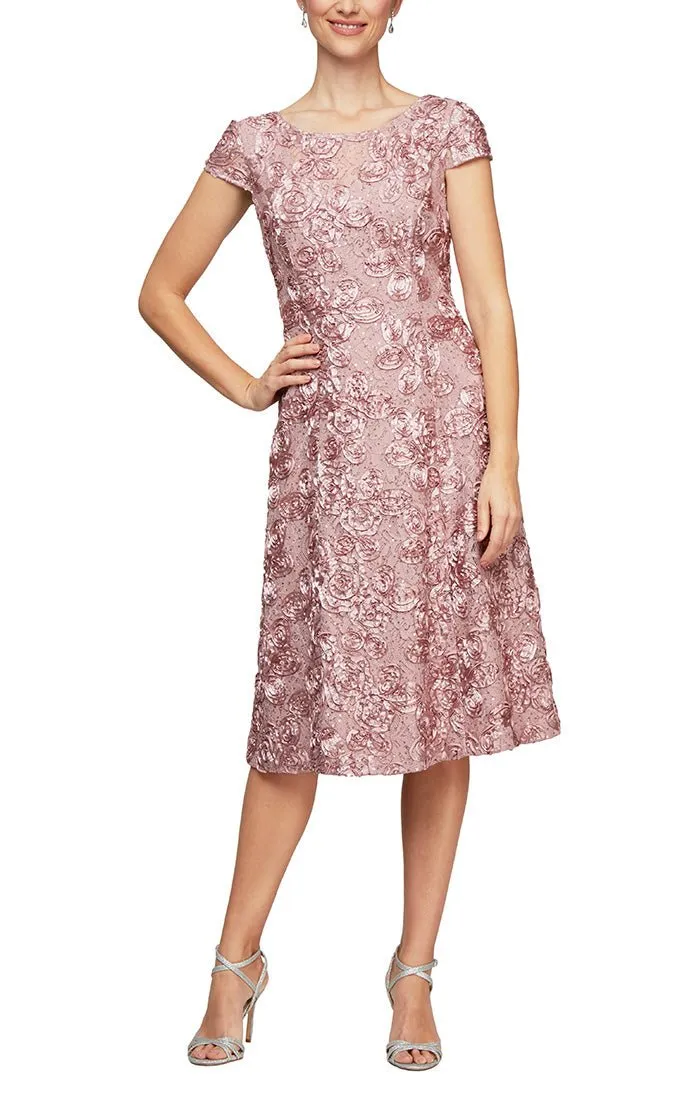 Regular - Rosette Sequin Lace Tea-Length Cocktail Dress with Cap Sleeves sold by Alex Evenings product image thumbnail 4