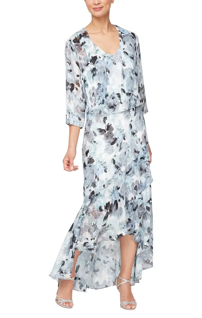 Regular - Tea-Length Floral Chiffon Jacket Dress with High/Low Tulip Hem Skirt sold by Alex Evenings