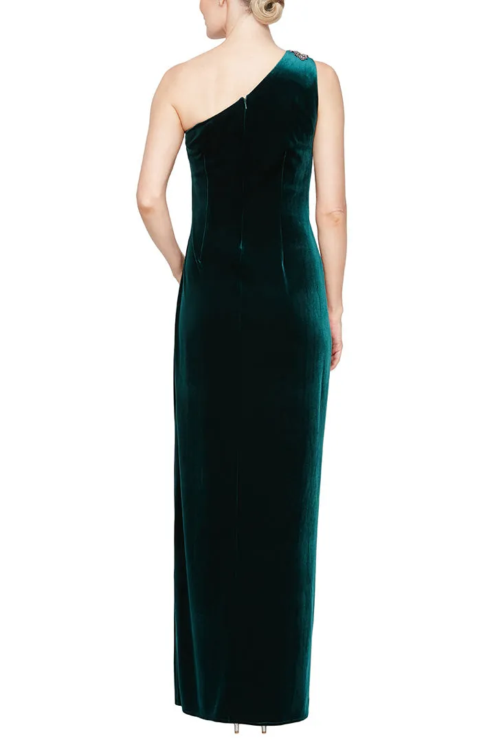 Regular - One Shoulder Velvet Dress with Ruched waist & Beaded Trim On Shoulder sold by Alex Evenings product image thumbnail 2