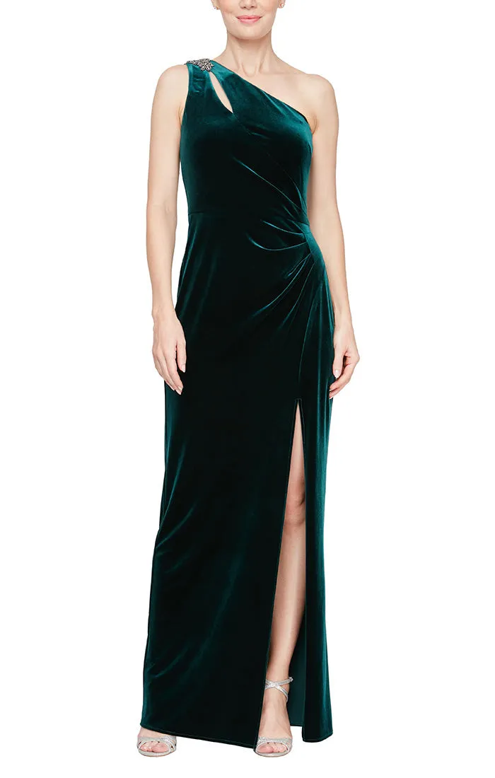 Regular - One Shoulder Velvet Dress with Ruched waist & Beaded Trim On Shoulder sold by Alex Evenings