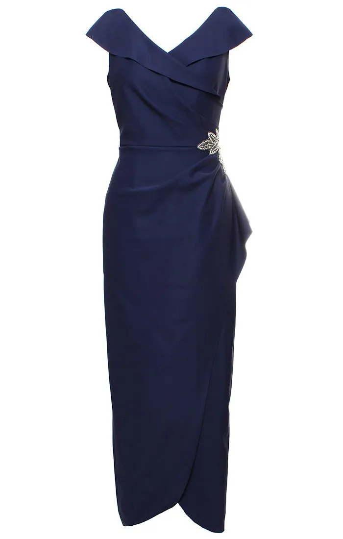 *Sleeveless Portrait Collar Sheath Dress wIth Embellishment Detail at Hip and Cascade Tulip Overlay Skirt sold by Alex Evenings