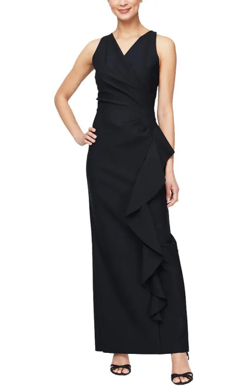 Regular - Long Sleeveless Compression Halter Style Dress with Cascade Ruffle Detail made by Alex Evenings
