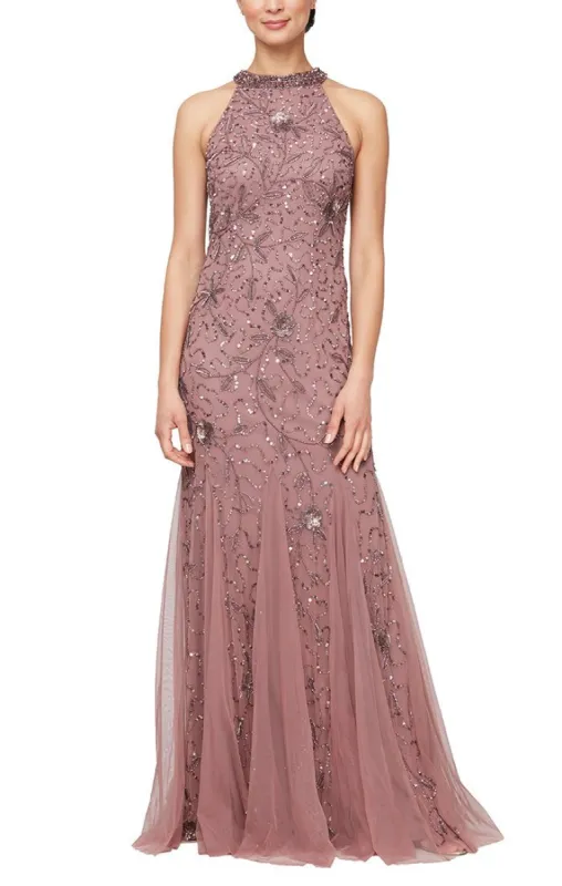 Regular - Halter Neck Hand Beaded Fit & Flare Gown with Godet Detail sold by Alex Evenings