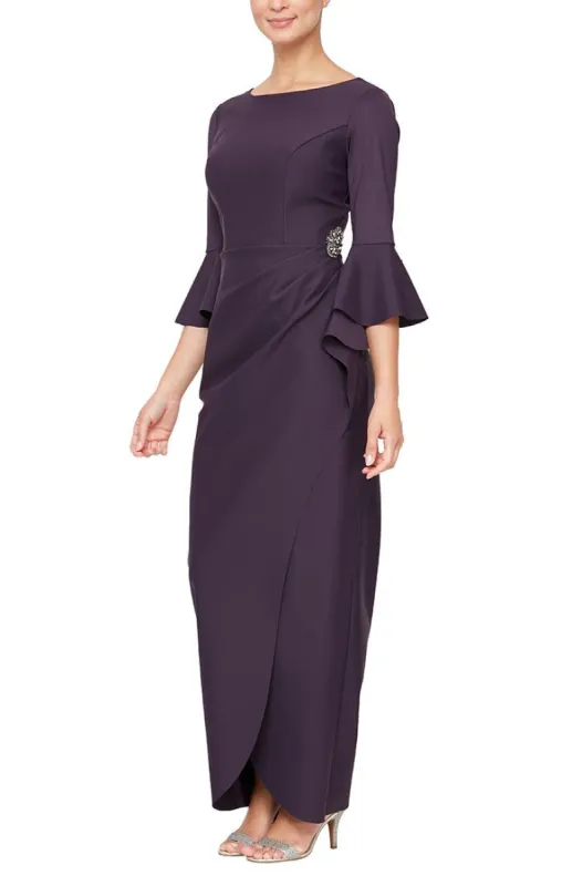 Compression Collection Long Sheath Dress with Bell Sleeves, a Cascade Ruffle Tulip Hem Skirt & Embellishment Detail at Hip sold by Alex Evenings