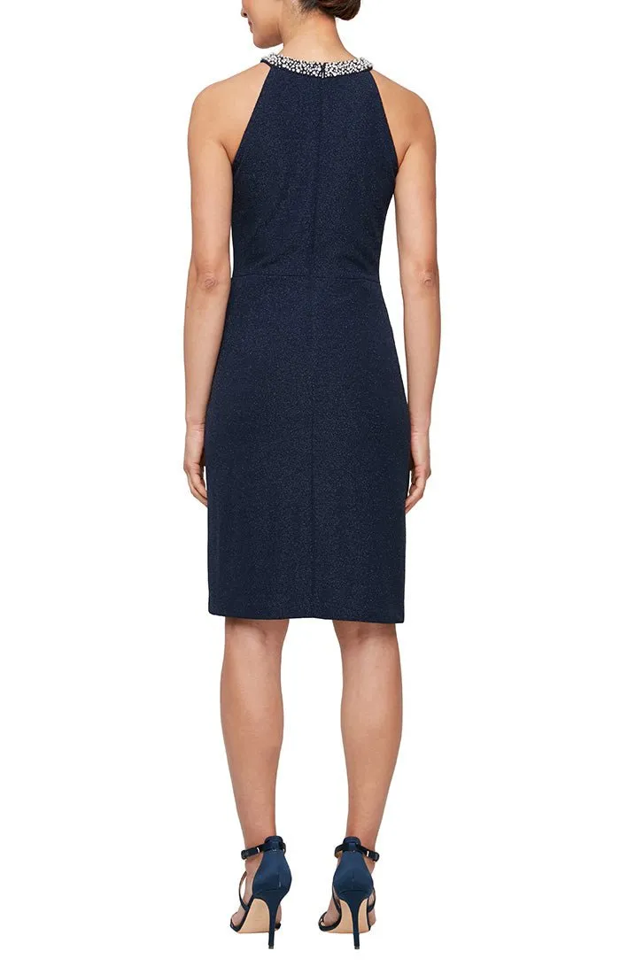 Short Halter Neck Metallic Knit Sheath Dress with Beaded Neckline & Cascade Ruffle sold by Alex Evenings product image thumbnail 2