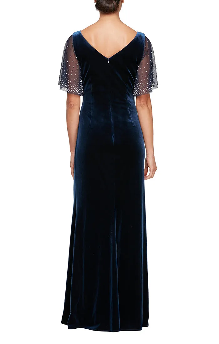 Plus - Velvet Fit and Flare Dress with Heat Set Illusion Flutter Sleeves and Front Slit sold by Alex Evenings product image thumbnail 2